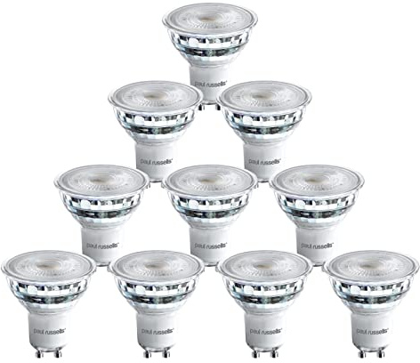 paul russells LED Glass GU10 – Dimmable Fittings Spot Lightbulbs, 4.5W 345 Lumens LED Bulbs, 50w Equivalent, Bright 6500K Daylight, Dimmer Energy Saving 38° Ceiling Spotlights, 10 Pack