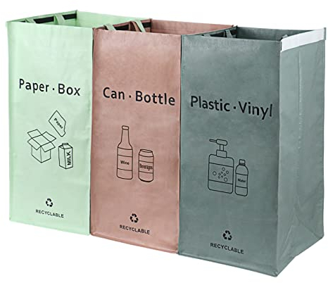 BOMEI PACK 3 Packs Recycling Bags Pink Green Gray with handle Separate Sorting Organizer Woven waste Bins bag 42 Gallon Waterproof for Kitchen Home Office Heavy Duty Reusable Storage Easy clean