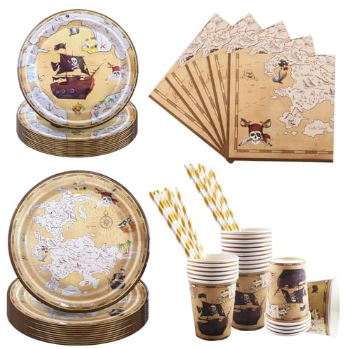 Aitsite Juego de 100 platos de fiesta de pirata, platos de fiesta de cumpleaños para 20 invitados, vajilla de pirata de cumpleaños, platos desechables, vasos de papel, servilletas, pajitas, decoración
