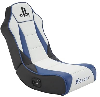 X-Rocker PlayStation Geist 2.0 Floor Rocker, Audio Gaming Chair - Headrest Speakers, Ergonomic Support, Foldable Rocking Base, Wipe-Clean Faux Leather for Kids & Teens - White & Blue - Licensed