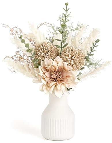 Mkono kleine künstliche Blumen in Keramik Vase 13.5 Mittelstücke Couchtisch Dekor, Seide Blume Bouquet Arrangements für Home Decor, Innen, Esszimmer, Küche, Hochzeit, Braun