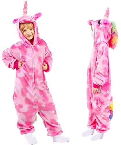 Vcumter Enfants Licorne Onesie Pyjama - Combinaison Unisexe Costume Cosplay Licorne Vêtements De Nuit Enfants Pyjamas l'hiver Surpyjama pour Carnival Halloween Déguisement Cadeaux Les 7-10 Ans Fille