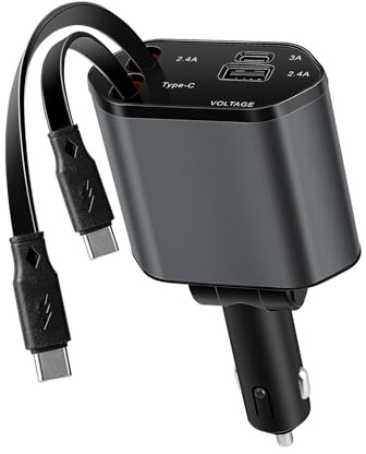 Kwak’s Einziehbares Auto-Ladegerät, 100W Zigarettenanzünder USB C, Auto-Ladegerät Adapter mit Verstecktem Kabel, Schnellladung kompatibel mit iPhone 16 15 Pro Max (Typ-c+Typ-c)