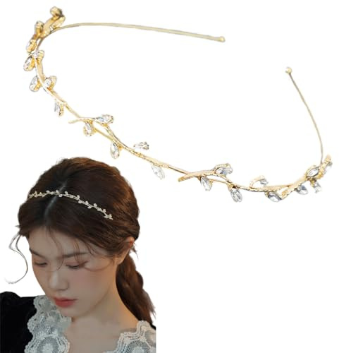 scicent Haarreifen Damen Hochzeit Party Strass Kopfband Dünner Goldener Stirnband der Blätter Krone Haarband für Braut Brautjungfern für Frauen und Mädchen D23620