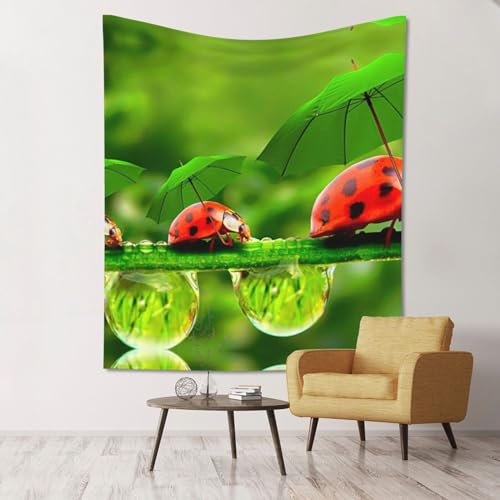 VANANI Lustiger Marienkäfer mit Regenschirmen, ästhetischer Wandteppich für Wohnzimmer und Schlafzimmer, Wanddekoration, 130 x 152 cm