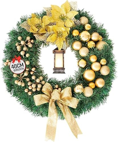GloBrite 40cm Christmas Wreath with Bows, Baubles & Lantern | Wreaths for Front Door | Door Wreaths Home Decor Christmas Decorations for Outdoor Decorations - Yellow
