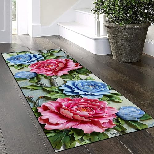 Yinghesheng Teppich Läufer Flur Küche rutschfest Waschbar 40x240cm Teppichläufer Lang,Pink Blau Blumen Küchenläufer Meterware Korridor Tepiche Schlafzimmer Esszimmer Schmutzfangmatte Breit 40-140cm