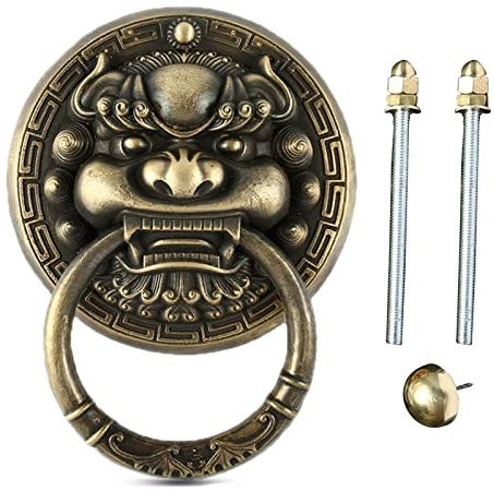 Türklopfer Haustürklopfer, handgeschnitzt, antiker Löwenkopf, massives Messing, Schrankgriff mit Ring, Bronze-Braun