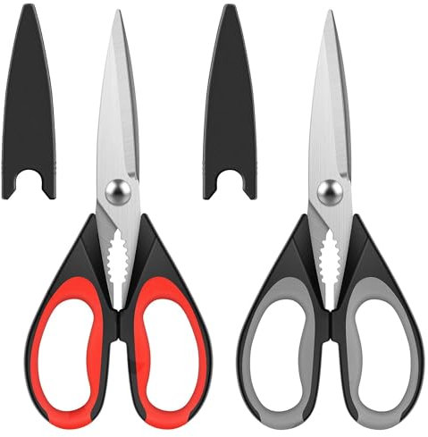 2 Pcs Kitchen Scissors, Heavy Duty Kitchen Scissors, Stainless Steel Kitchen Shear with Cover, Multipurpose Cooking Scissors for Meat Chicken Fish Nut Vegetable Herb, Bottle Opener (Black & Red)