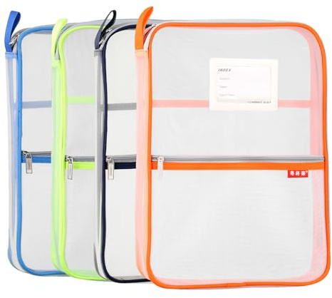 Bolsa de documentos de malla de nailon con cremallera, bolsa de viaje A4 para estudiantes, suministros de oficina, 4 unidades (naranja, verde, azul, azul oscuro)