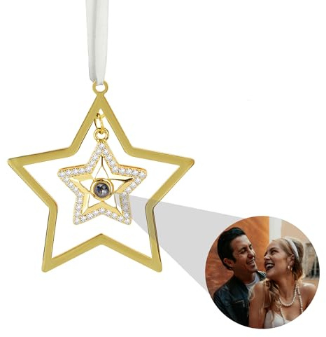 Weihnachts Ornament mit Bild im Inneren, Personalisierter Schneeflocken-Bildornament, Individueller Fotoornament für den Weihnachtsbaum, Mond-Stern-Foto Projektions Ornament, Gedenk-Weihnachtsornament