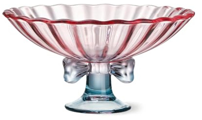 TUCHACA fruktskål i glas. 23 cm glaspiedestalskål. Elegant rosett dekoration flerfärgad salladstallrik. Lämplig för frukt, efterrätt, godis, mellanmål och mer. (Rosa och blå)