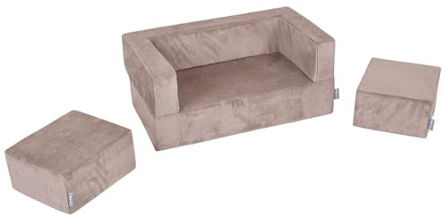 KiddyMoon Kindersofa Mit Zwei Weichen Puffen Für Kinder Bequemes Und Leichtes Schaumstoff-Sofa Gerippter Stoff Abnehmbarer Bezug Perfekt Für Entspannung Und Kreativität, Dunkelbeige