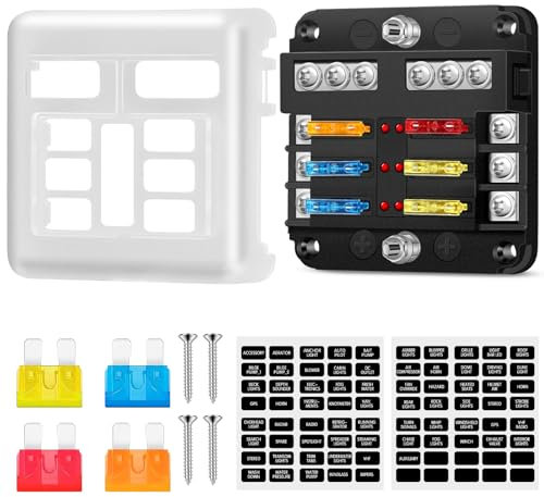 10 Vías Portafusibles Caja Fusibles 12v, Porta Fusibles Coche 12v con Lámpara de Alerta LED, Cuadro fusibles Plano con 12 Piezas de fusibles, para el Vehículo Marino Van SUV Bota Camión Automático