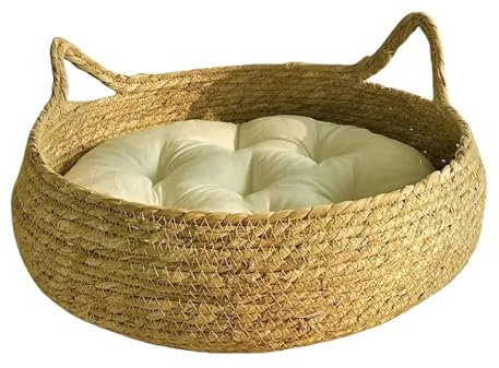 SJFYB Tapis tissé pour Animaux de Compagnie Nid De Rotin Tissé À La Main pour Toutes Les Saisons, Fournitures pour Animaux De Compagnie Détachables Et Lavables-Panier et coussin-46 cm