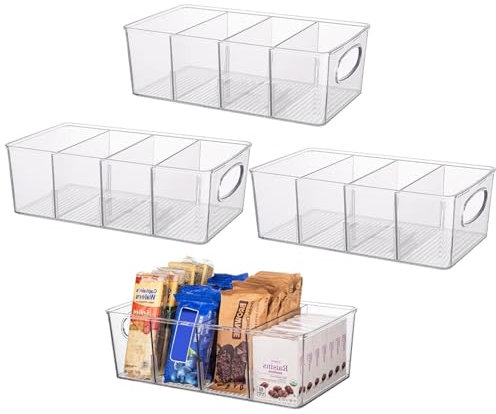 4 Pack Clear Plastic Fridge Organisers with Dividers - Stackable Cupboard Organiser Bins for Kitchen, Pantry & Refrigerator Storage - Food Storage Containers with Removable Sections(Color:4 Pcs)