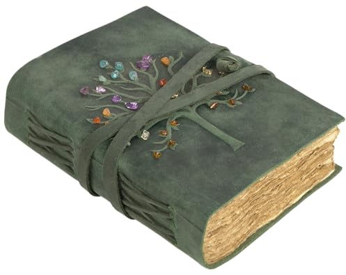 GlobeeCraft Diario de viaje en cuero verde con árbol de la vida y papel de algodón artesanal, perfecto como leather notebook, journal book y cuaderno piel vintage 21x16 cm