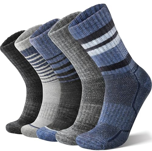 ANTSANG Calcetines Unisex de Lana Merino para Hombre Mujere Senderismo Caminata Térmicos Abrigados Gruesos Invierno Tobilleras Altas 5 Pares(Azul/Negro,42-46)