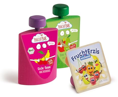 Erzi 03092 Kaufladenspielzeug für Kinder aus Holz, Set | FruchtErzis und Quetschie Birne und KiBa von Fruchtbar, Kaufmannsladen, Rollenspiele, Kreative Spielwelten gestalten