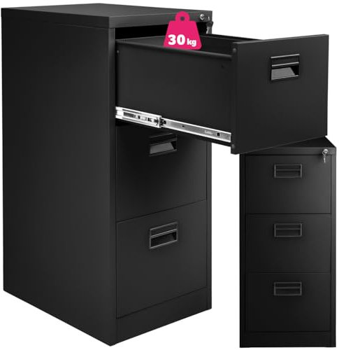 tectake® Aktenschrank mit 3 Schubladen & Hängeregistratur, abschließbar, Metallschrank mit 2 Schlüssel, Teleskopschienen, Mehrzweckschrank mit Vollauszug, Büroschrank f. Hängemappen in DIN 4 - schwarz