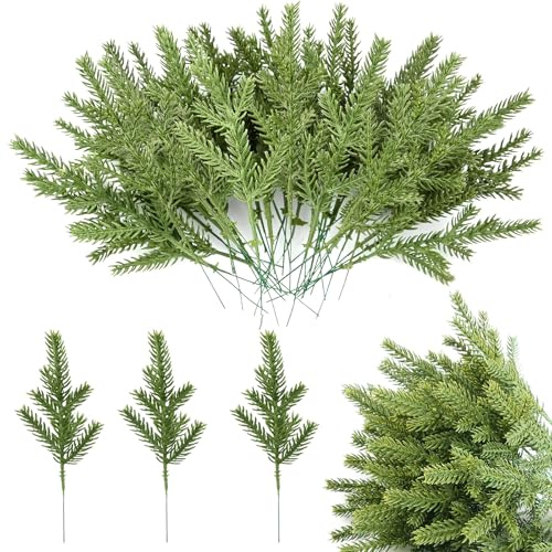 ZoneYan Ramas de abeto artificiales, 60 unidades, plantas verdes, ramas de pino artificiales, agujas de pino de Navidad, color verde abeto artificial como real, para corona de decoración del hogar