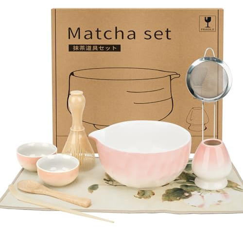 Zingbee Matcha Set de 9 piezas Matcha Cuenco con Vertedor Matcha Set Rosa Incluye Matcha Whisk*1 Soporte para Escoba Matcha*1 Colador Matcha *1 Cuchara Matcha *2 Tazas Matcha * 2 Juego de té matcha