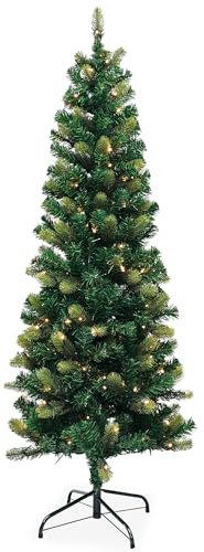 Trimming Shop 6FT Yuletide Slim Green Pine Christmas Tree – Realistic Artificial Norway Spruce with 613 Tips, Space-Saving Design, Hinged Branches, Foldable Metal Base, Perfect for Small Indoor Spaces