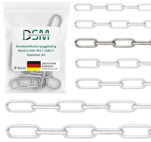 DSM – Rundstahlkette 4 mm Ø – langgliedrig DIN 763 – Edelstahl A4 – 2 m | 2 Stück Meterware – Bruchlast 610 kg [TrueSpec Präzision] Edelstahlkette rostfrei für Garten, Boot, Werkstatt & Dekoration
