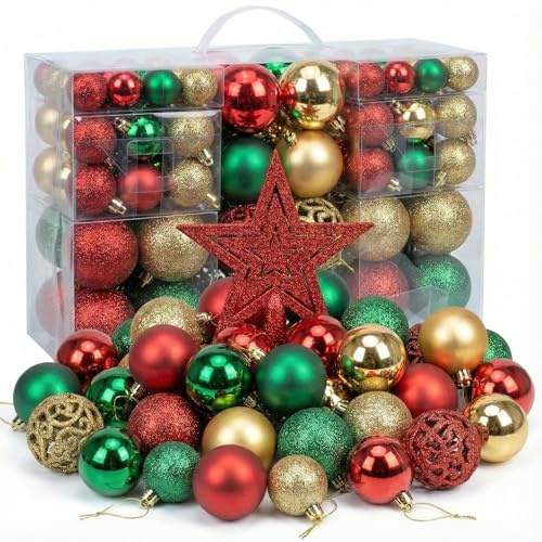 Juego de 101 bolas de Navidad irrompibles de plástico, adornos para árbol con cordones, bolas decorativas con acabados mixtos para decorar árbol de Navidad, fiestas,y eventos, Dorado/Rojo/Verde oscuro