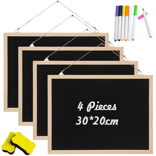 4 Pcs Pizarra Magnética con Marco de Madera 20x30cm A4 Pizarra Negra Pared con 2 Tizas Borrador,7 Rotuladores, Accesorios para Colgar Pizarra Tiza para Niños, Boda, Notas, Fiesta, Escuela, Pintura