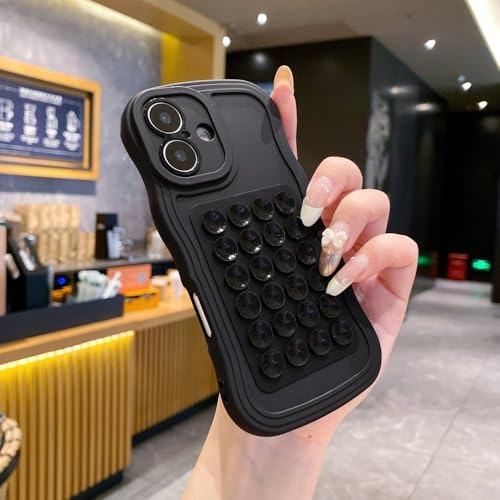 YVWUNH Custodia morbida in silicone con ventosa creativa e riccia per iPhone 17, 16, 15, 14 Plus, 13, 12, 11 Pro Max, con supporto per selfie, nera, per iPhone 14 Pro