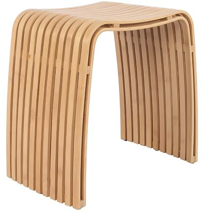 Flurhocker aus Massivem Holz, 2-stufige Gebogene Bank aus Natürlichem Bambus, Elegante Fußstütze im Skandinavischen Design, Leichte, Stabile Lattensitzfläche, Schminktischhocker für Badezimmer, Schlaf