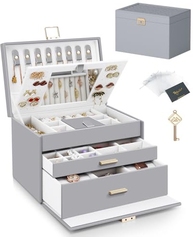 DesignSter Schmuckkästchen mit 2 Schubladen, 3 Ebenen Großes Schmuckaufbewahrung mit Spiegel, PU-Leder Schmuck Organizer mit Schloss für Ohrringe, Halsketten, Ringe, Armbänder, Grau