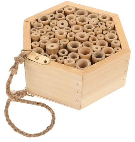 DIYEAH Casa de Abejas de Madera Natural Hexagonal Colgante para Jardín Exterior, Nido de Insectos Sostenible y Caja de Abejas Carpinteras para Biodiversidad y Polinización