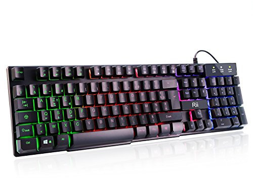 Rii Clavier Gamer - AZERTY - Nouveau Clavier USB Filaire - 105 Touches Semi-Mécaniques - 5 Couleurs LED Rétro - 11 Raccourcis Multimédia - pour PC Mac - PS4 PS5 - Noir