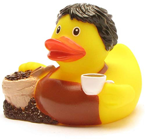 Duckshop I Badeente Barista I QuietscheenteI L: 8 cm I inkl. Quietscheentchen-Schlüsselanhänger im Set I Geschenk für Kaffee-Liebhaber I Präsent Sammler