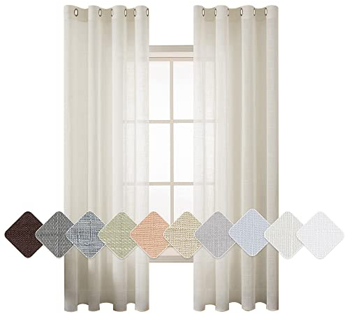 MIULEE 2er Set Voile Vorhang Sheer Leinenvorhang mit Ösen Transparente Leinen Optik Gardine Ösenschal Wohnzimmer Fensterschal Lichtdurchlässig Dekoschal Schlafzimmer 140x245cm (B x H) Hellbeige