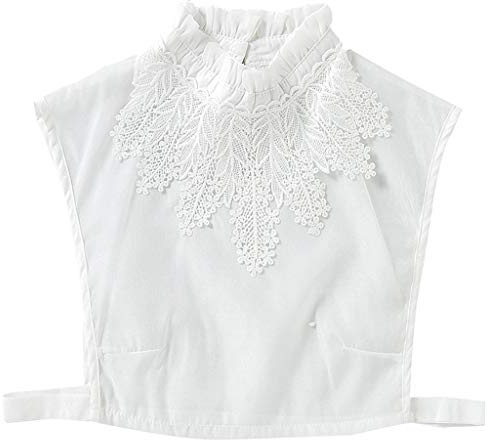 JOYKK Femmes Fille Chemisier Faux Volants Col Montant Au Crochet Floral Dentelle Applique Décor De Couleur Unie Détachable Dames Stretchy Demi Chemises - Blanc