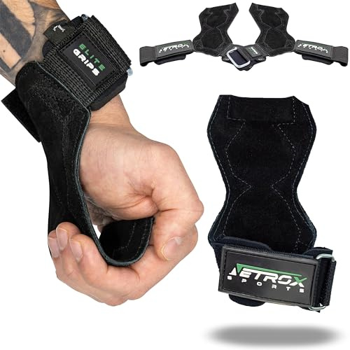 NetroxSports - Elite Grips Fast Zughilfen für Krafttraining - echtes Leder - Fitness Lifting Straps für Kreuzheben, Bodybuilding mit Handgelenkschutz - Grip Zughilfe, Zughilfen Gym für Männer & Frauen