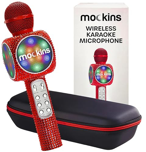 Mockins Micrófono de karaoke rojo brillante para niños, micrófono inalámbrico para karaoke con altavoz, cambiador de voz y luces LED coloridas, micrófono portátil para niños