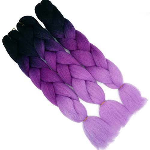 Treccine Extension Capelli Sintetici per Treccine Africane 3 Ciocche Trecce Jumbo Braiding Hair (Nero&Viola&Viola Chiaro)