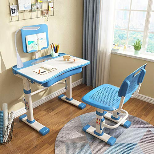 Yinleader, Best Desk, Set di scrivania e sedia per bambini, con scrivania e sedia regolabile in altezza, ergonomica, con lampada e supporto per libri, blu