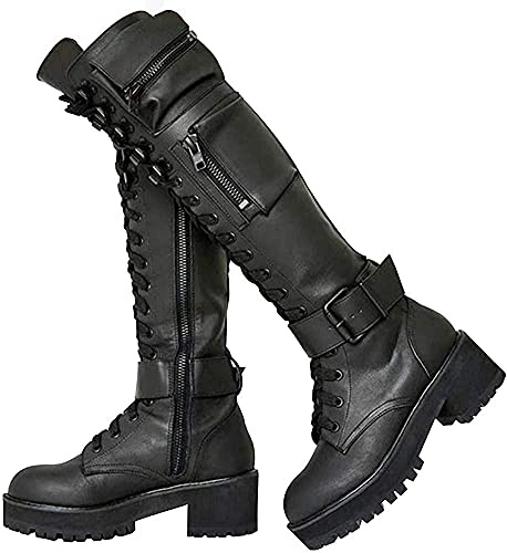 Lchongzhuo Frauen Schnalle Kampf Plateaustiefel - Schnüren Blockabsatz Motorrad Kniehohe Stiefel mit Versteckter Tasche - Militär Kniehohe Stiefel (Schwarz, 39 EU)