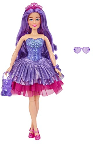 MGA Dream Ella Candy Prinzessin - ARIA - Gummibärchen -Motiv mit Bonbonduft, 29 cm - Scratch 'N Sniff Etikett, Tasche, rosa Tiara, langes lila Haar und modische Accessoires - Für Kinder ab 3 Jahren