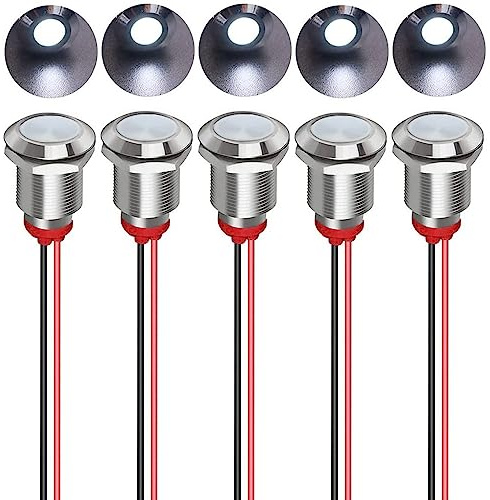 Gebildet 5pcs 12mm AC/DC 12-24V LED Metal Indicator Light Waterproof Signal Lamp Pilot Dash Directional Car Truck Boat with Wire(White)