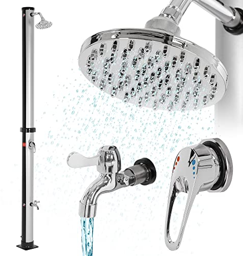 ML-Design Doccia Solare da Giardino 20L 210 cm Rotonda con Soffione Rubinetto a Pioggia Acqua Calda Temperatura Massima 60°C per Esterno Piscina Spiaggia Campeggio a Risparmio Energetico Nero/Argento