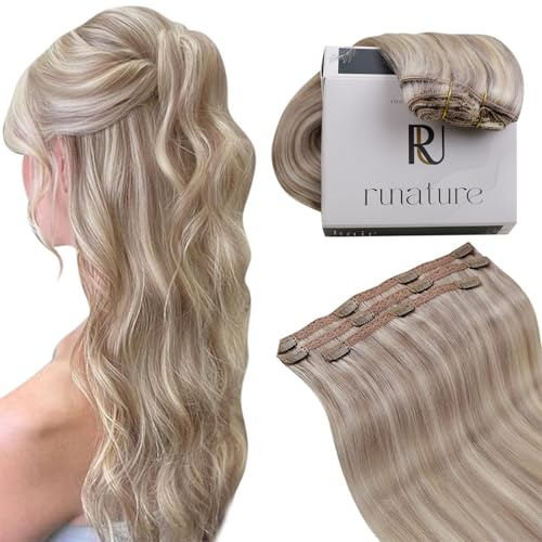 RUNATURE Echthaar Extensions Clip Blond Hervorheben 35cm Dunkelblond Mit Platinblond 3Pcs 50g Haarverlängerung Seamless Echte Haare #19Ap60