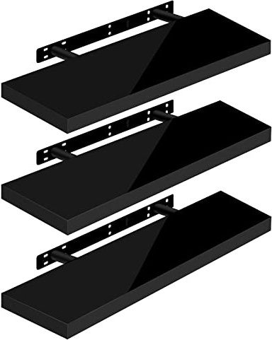 WOLTU Wandregal, Schweberegal Hochglänzend Schwarz,70x22,9x3,8cm 3er,MDF | Wandregal Set von 3 für Büro, Wohnzimmer, Schlafzimmer, Küche,mit Metallhalterung,unsichtbare Montage
