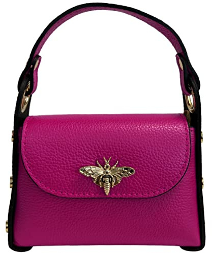 Modarno Mini bolso de cuero genuino dólar con cierre de mosquetón en forma de abeja, tachuelas laterales, cadena metálica extraíble, asa de cuero, fucsia