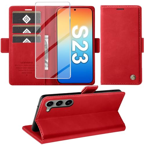 Giyer Handyhülle für Samsung Galaxy S23 5G Hülle mit Schutzfolie, Standfunktion Kartenfach Wallet Premium Leder Schutzhülle S23 5G Flip Case Cover Stoßfeste Klapphülle S23 5G 6.1 Zoll (Rot)